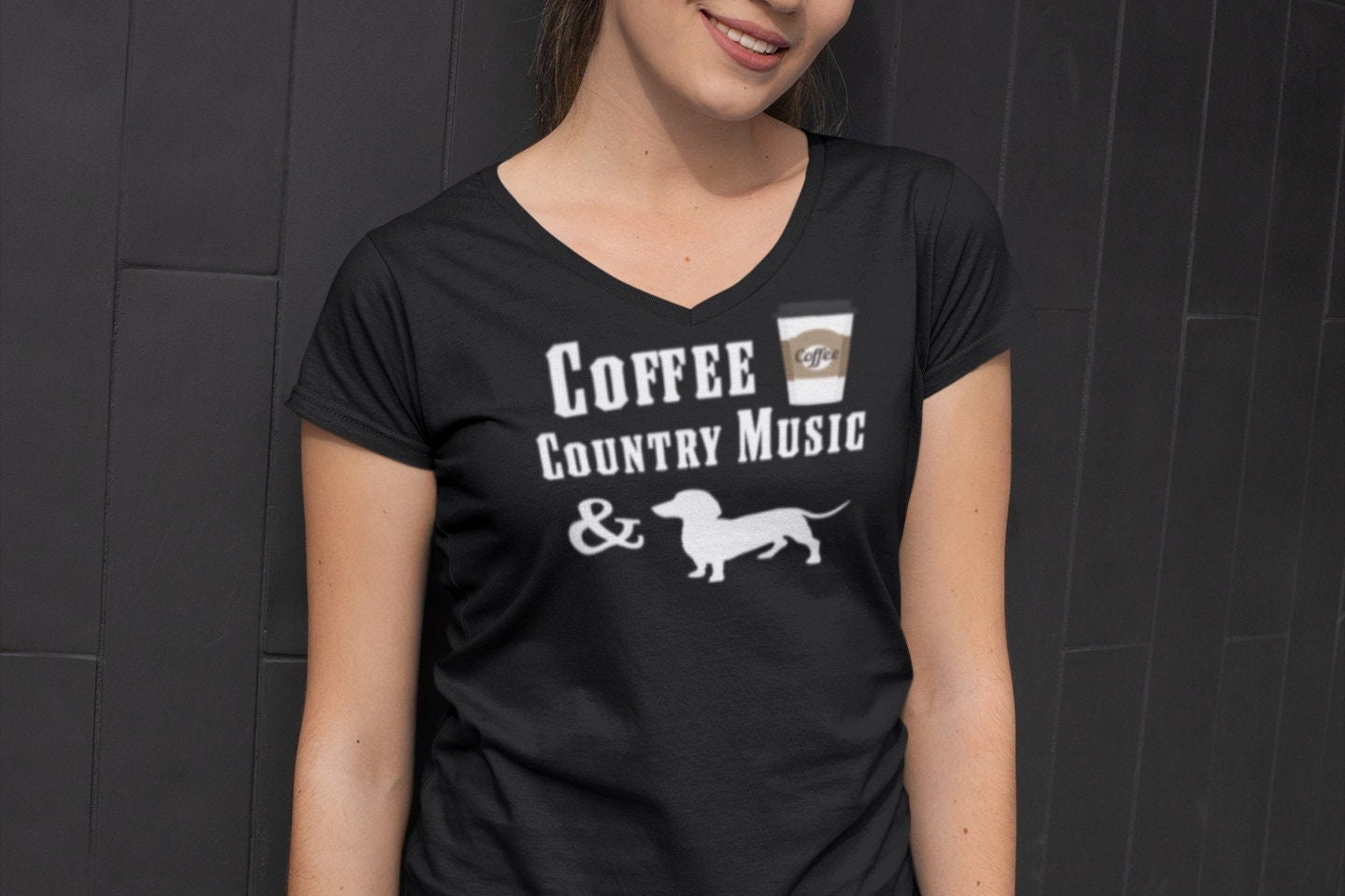 Emergency Print House Coffee, Country Music and Dachshund V-neck Graphic T-shirt